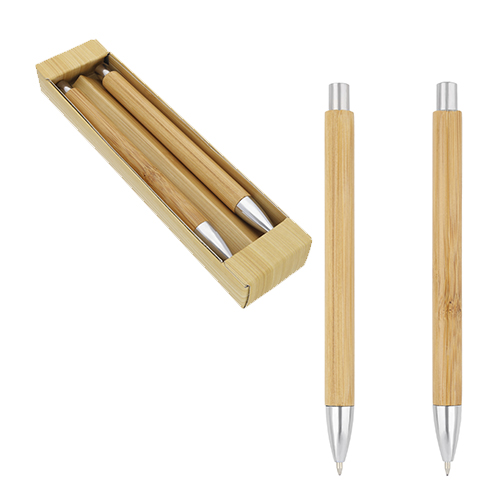 BM-17020S, Bolí­grafo y lápicero de bambú con punta metálica y mecanismo de click. Incluye estuche.